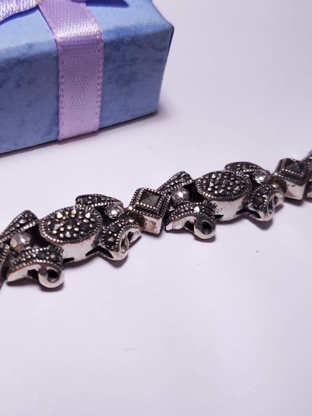 Estate Victorian 2ctw Rd & Princess Marcasite Sterling 925 7 1/2" Bracelet#24262